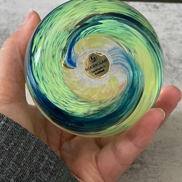 NWL Selkirk Art Glass Green Blue Swirl Votive Candleholder Handmade Scotland 3" - Picture 3 of 5